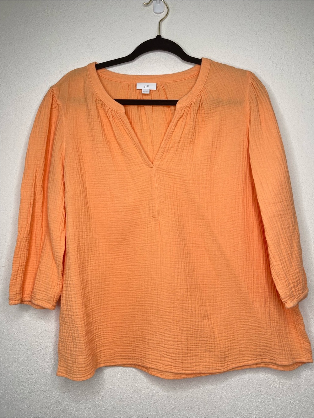 J Jill Top Womens Large Orange Cotton Gauze Split V Neck 3/4 Sleeve Textured